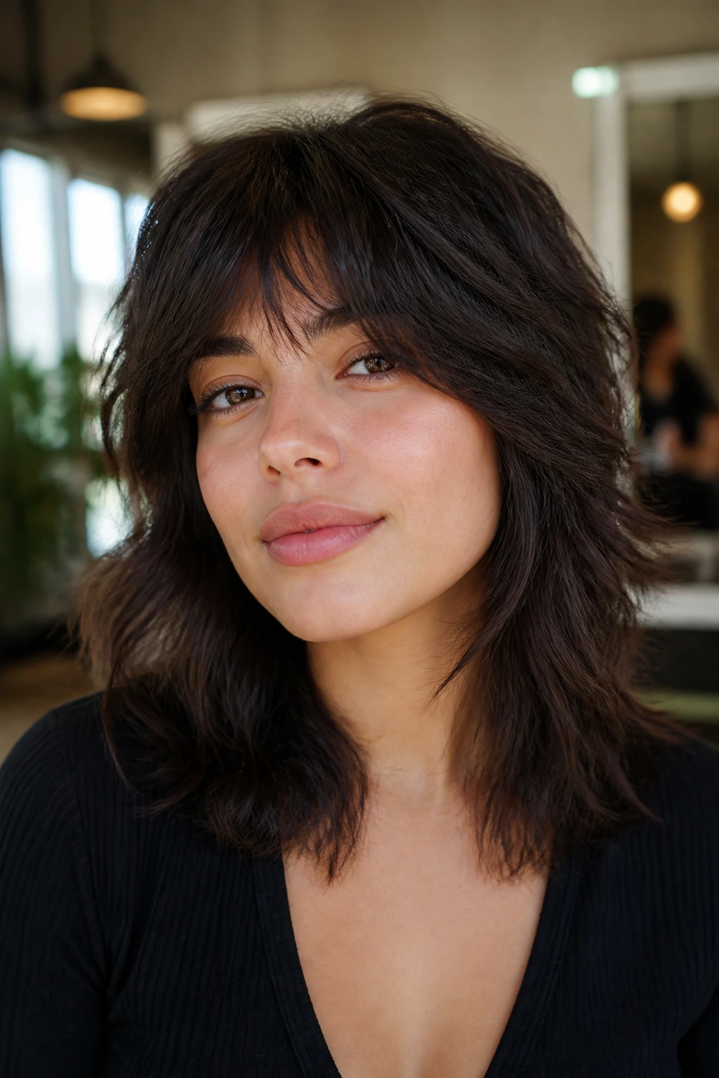 Close-up portrait of a real woman with a thick-hair shag showing controlled bulk