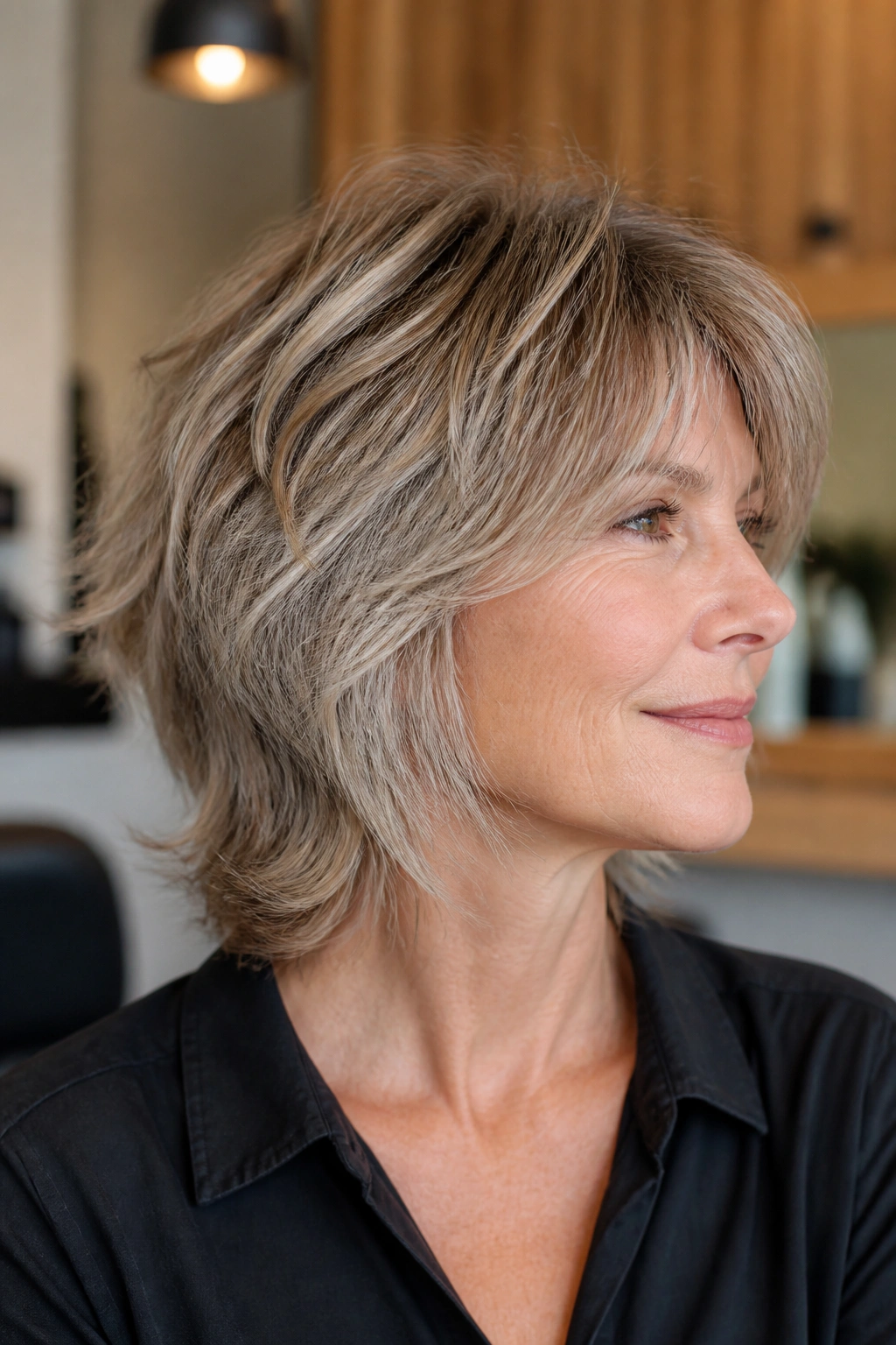 Close-up of a real woman with a thick-hair shag showing underlayer removal for lighter bulk