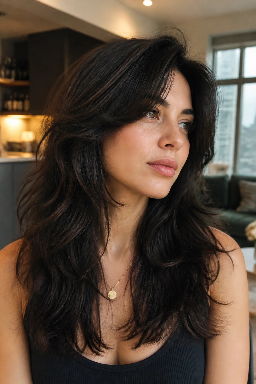 Close-up portrait of a person with thick-hair shag showing controlled movement and volume