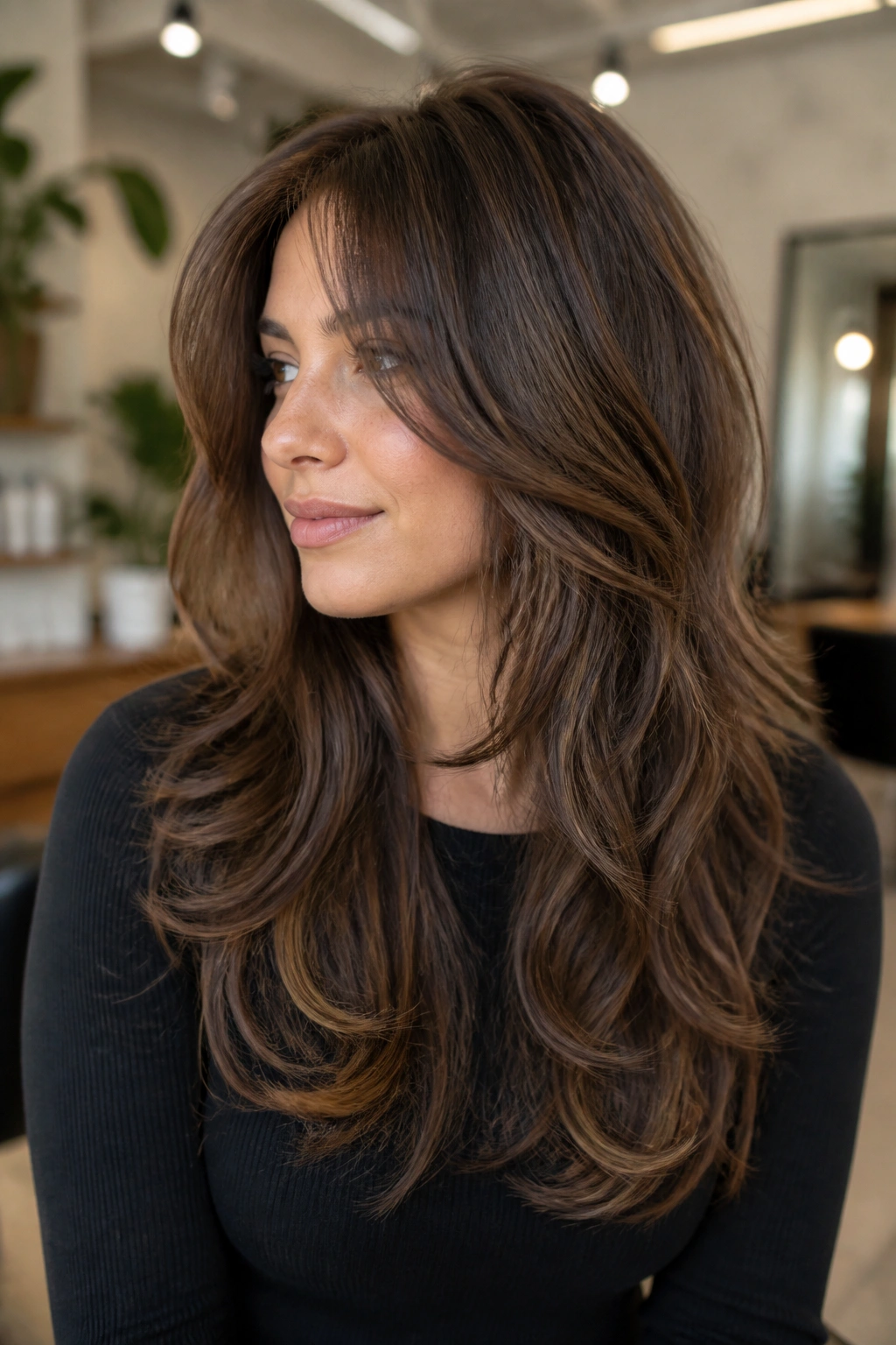 Close-up of real woman's thick hair long shag showing weight removal and a lifted crown.