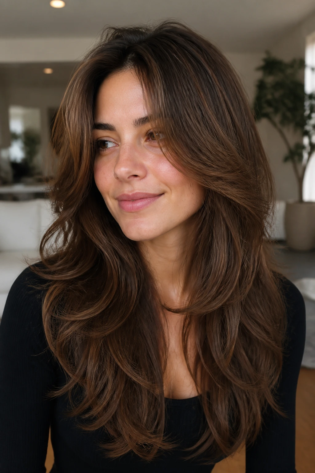Portrait of a real woman with thick hair long shag showing weight removal