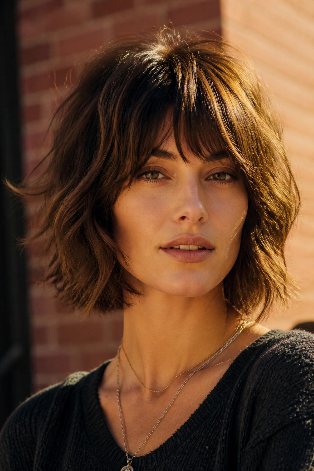 Real woman with thick-hair shaggy bob on urban street