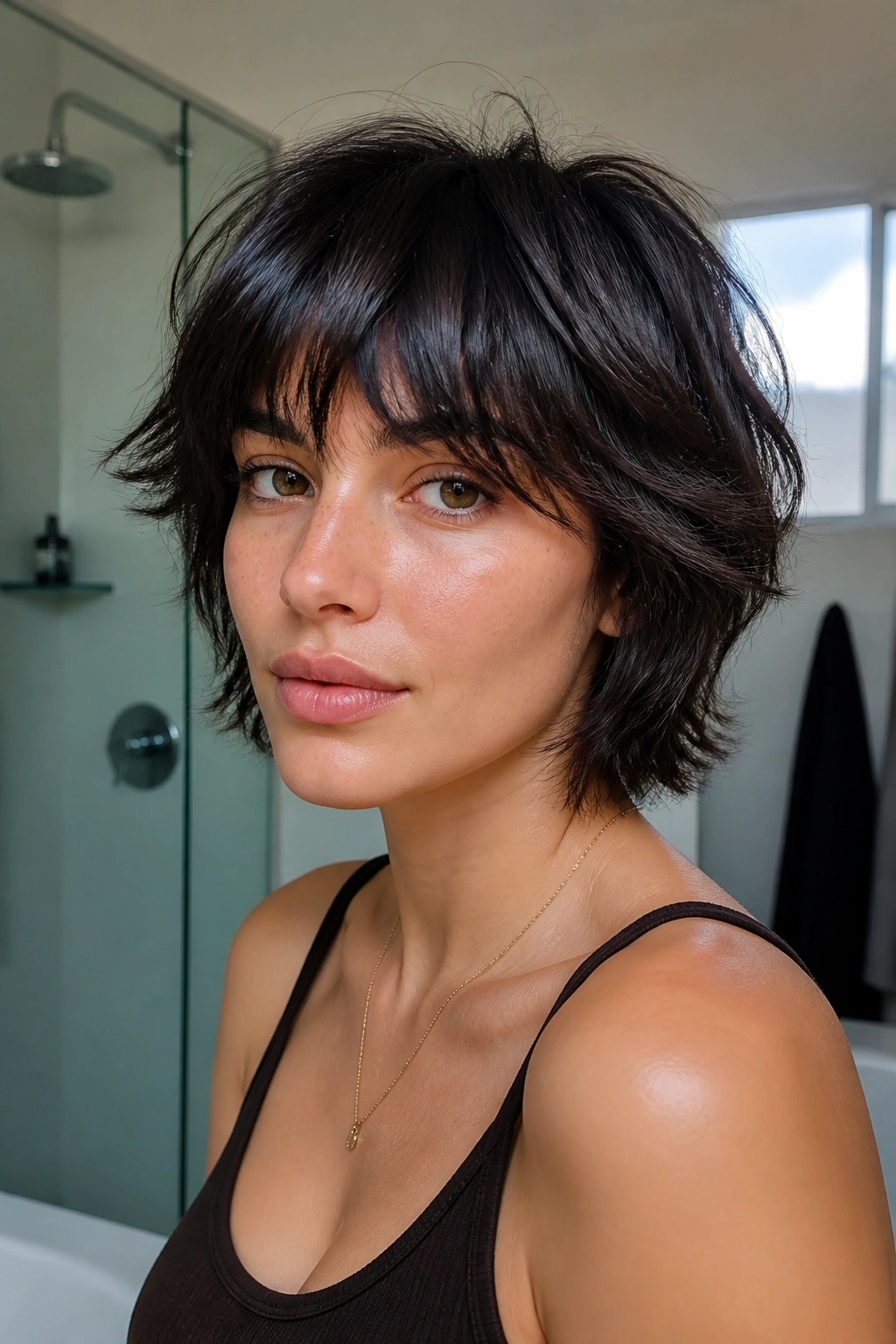Close-up portrait of a real person with a thick short shag and feathered bangs, hair framing the jaw.