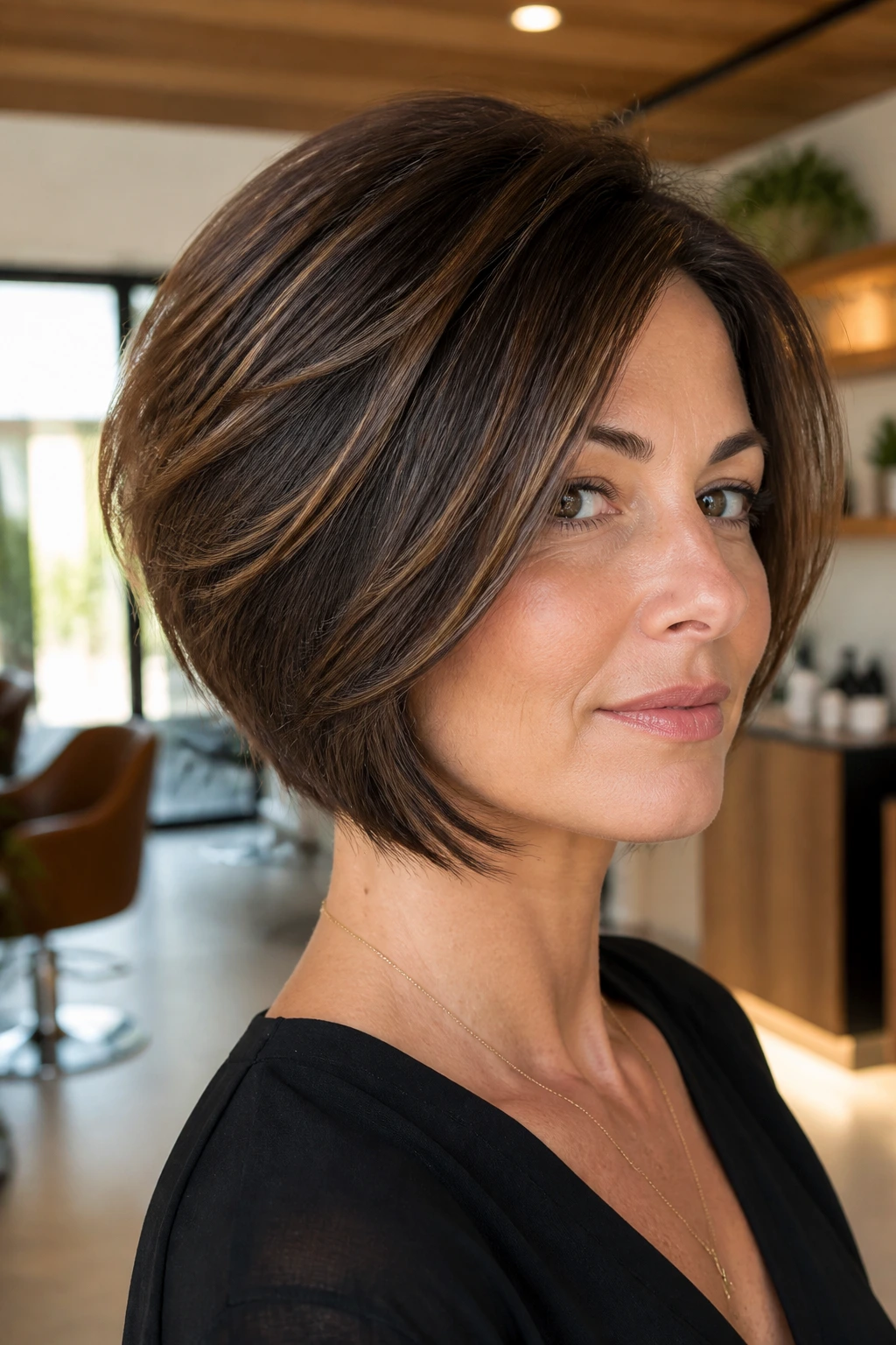 Close-up of a thick-haired woman with a stacked bob in a stylish salon