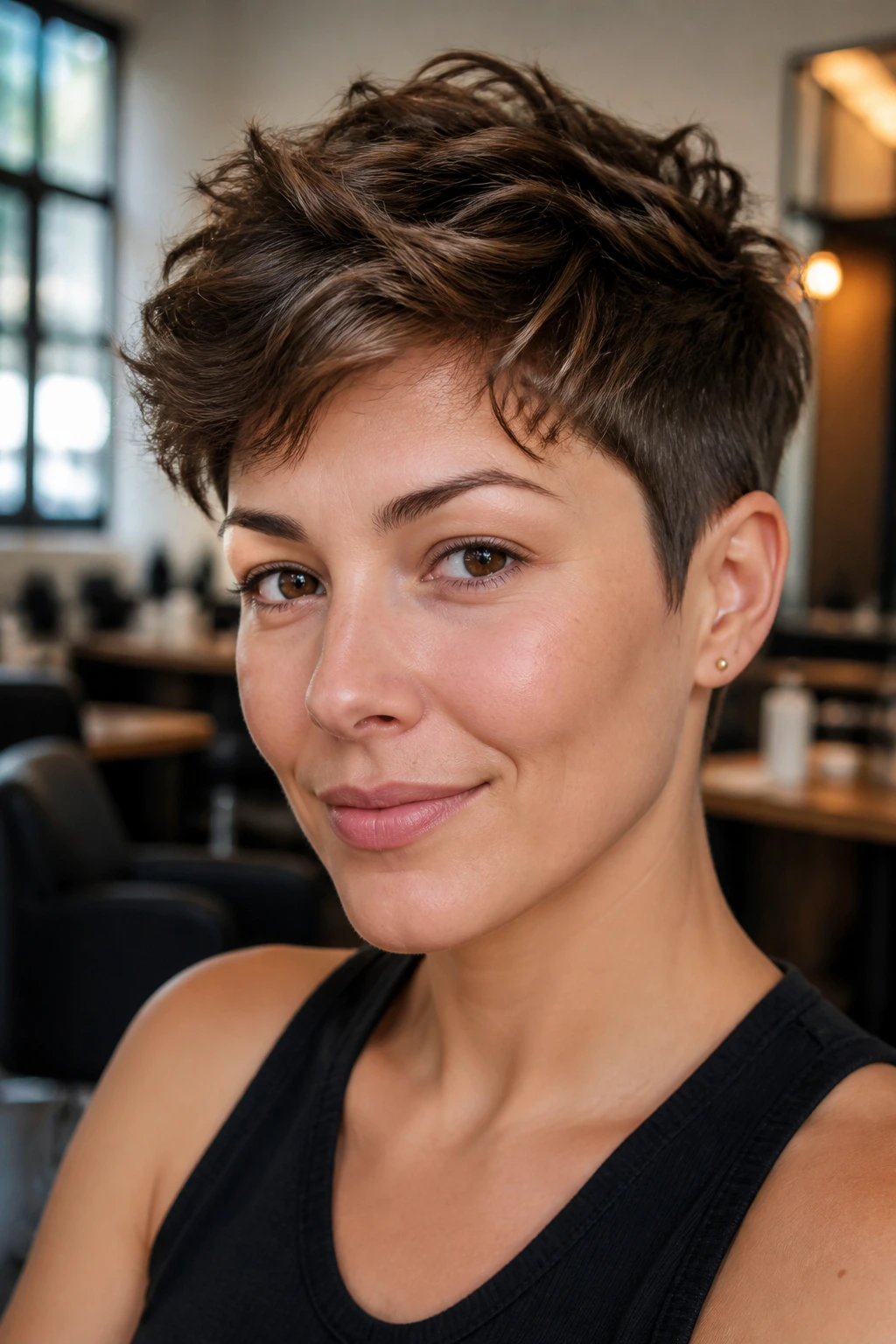 Close-up portrait of a real woman with a textured tousled crop for thick hair.
