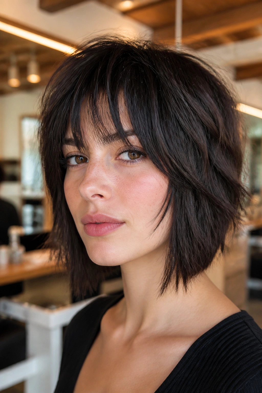 Real person with thick-hair wolf bob and piecey bangs in a sunlit salon