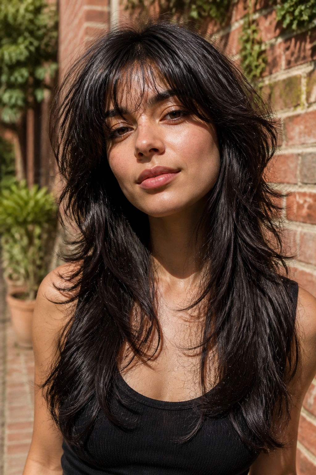 Portrait of a real woman with thick hair wolf butterfly hybrid and razor ends.