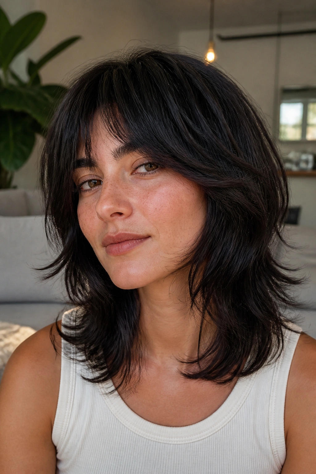 Close-up portrait of a real person with a thick-hair wolf cut showing internal layers under the crown