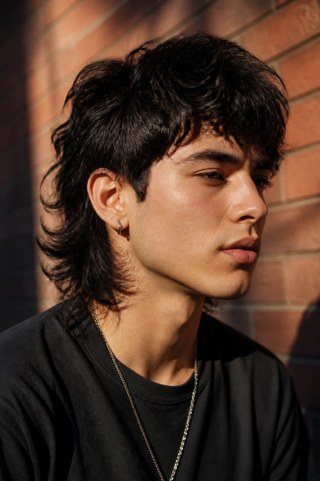 Close-up portrait of real person with thick hair wolf cut mullet against brick wall