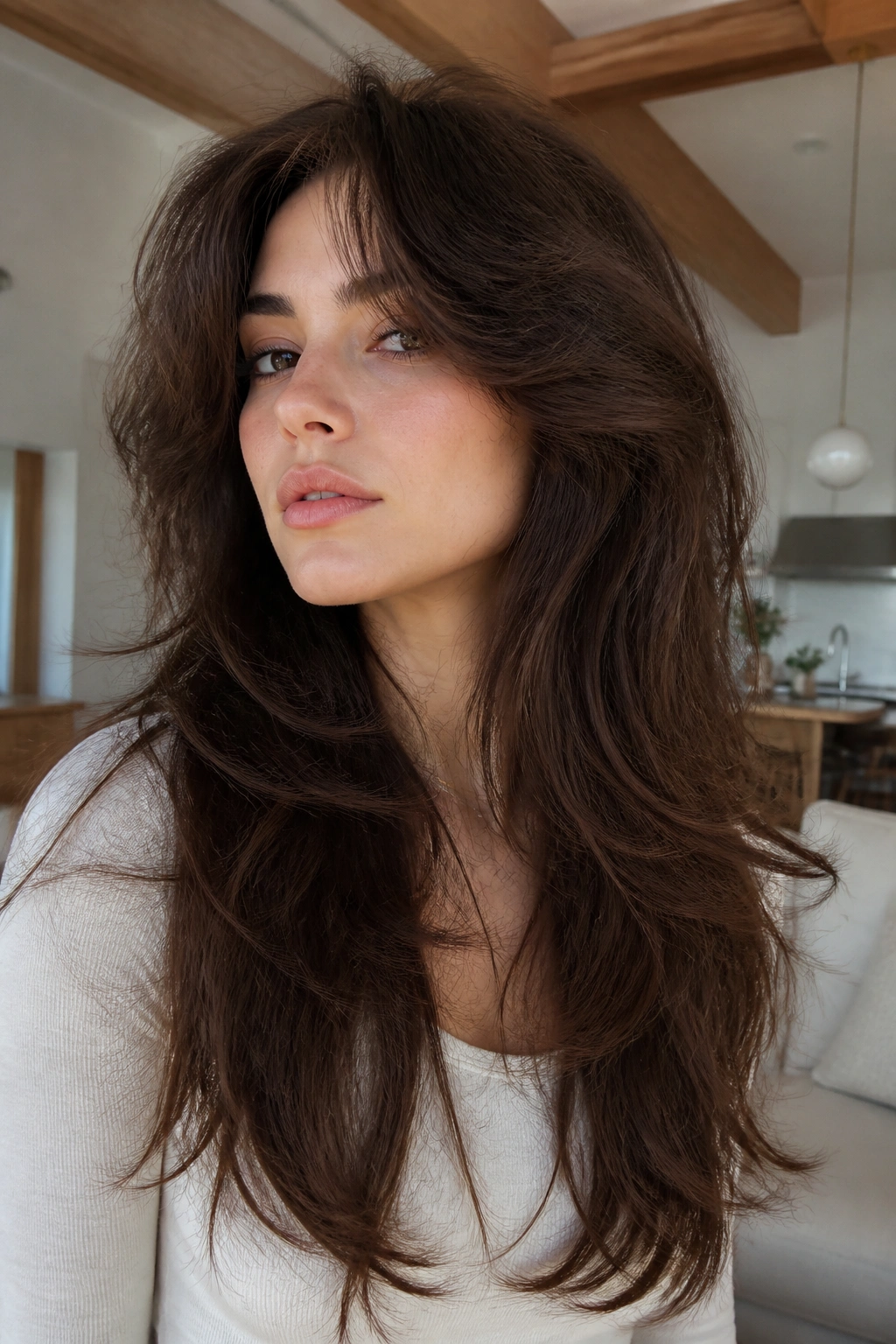Real woman with long wolf cut designed for thick hair, natural light highlighting density and texture
