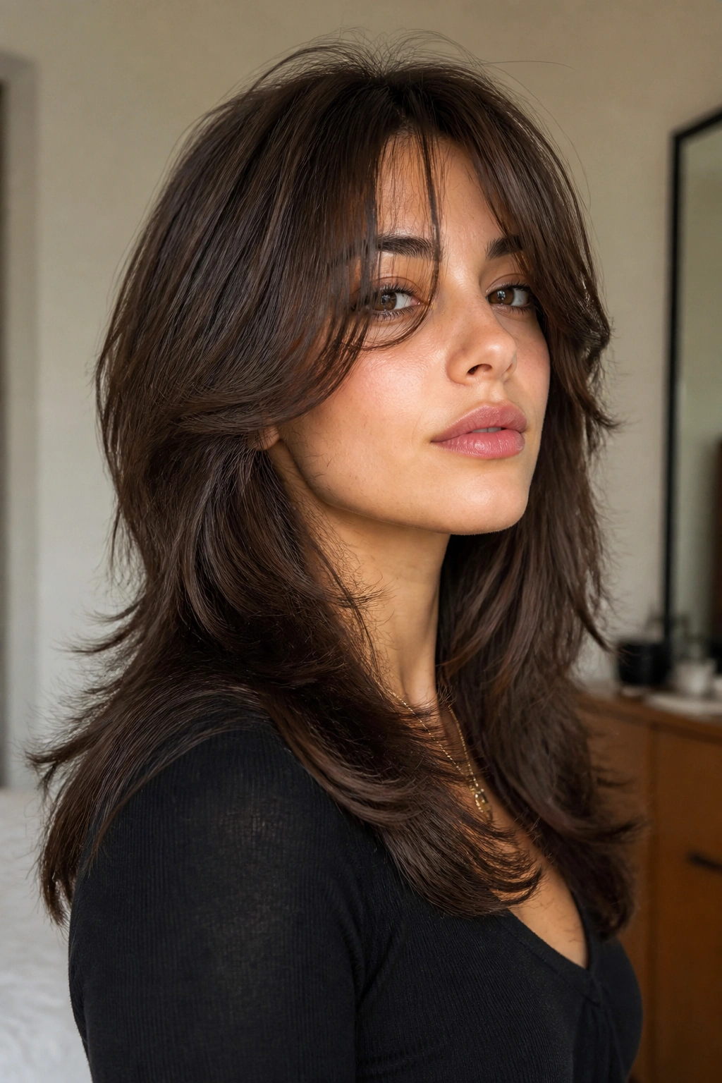 Close-up of a real person with thick-hair wolf cut and lifted crown.