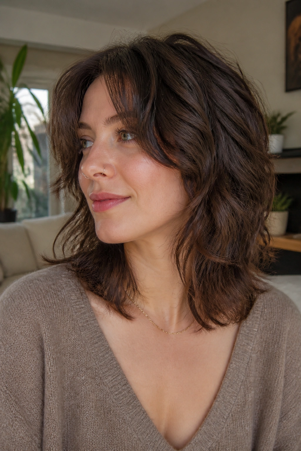 Real woman with thick-hair wolf cut showing internal removal and full perimeter