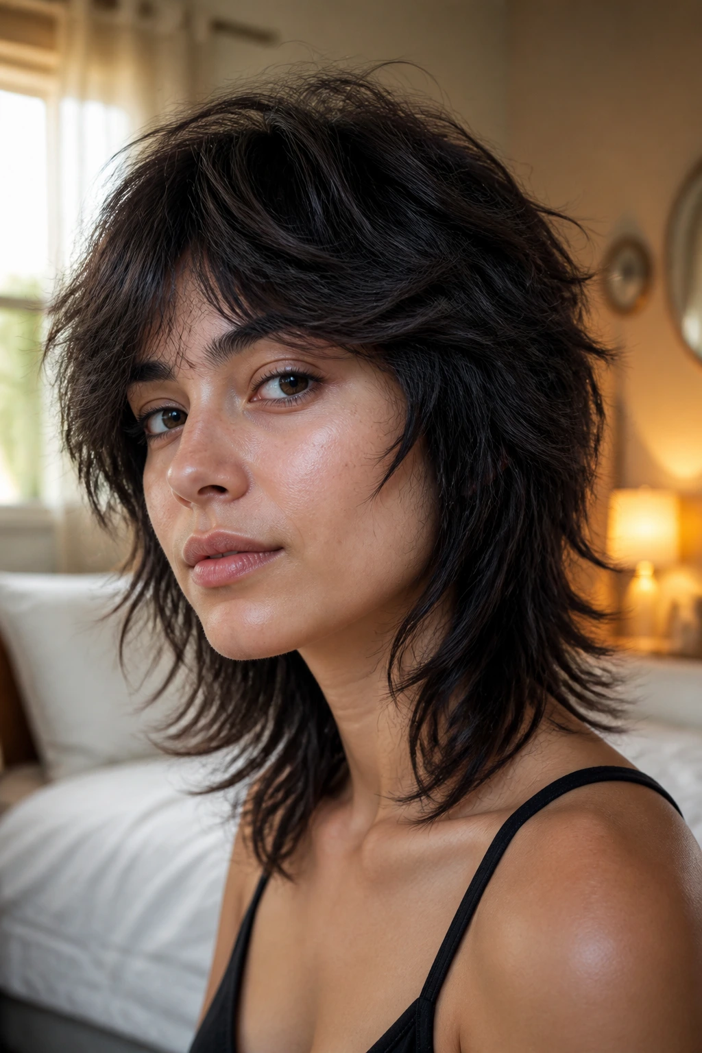 Close-up of real woman with thick-hair wolf cut showing internal layers.