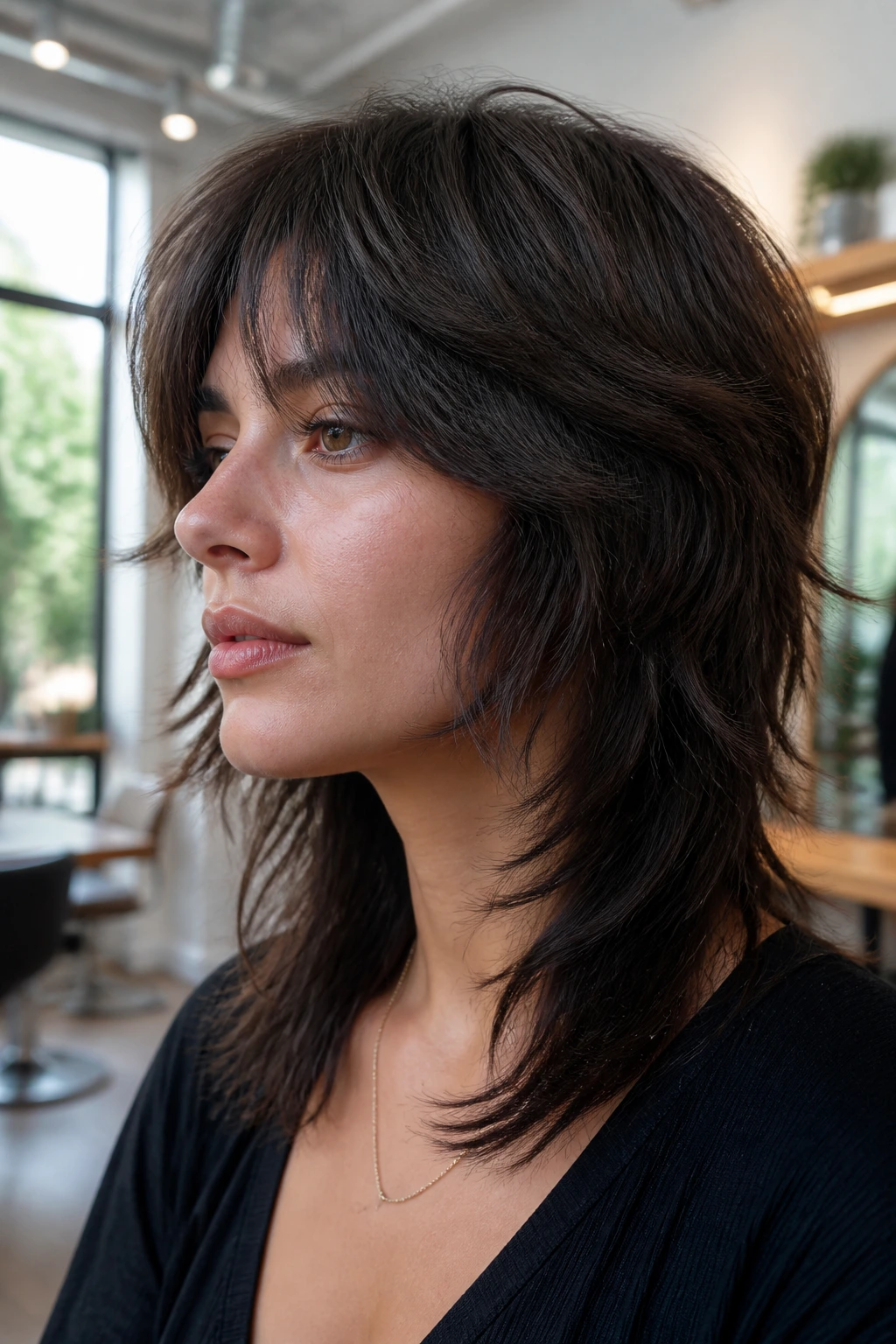 Close-up of a real person with a thick-hair wolf cut and deep debulking