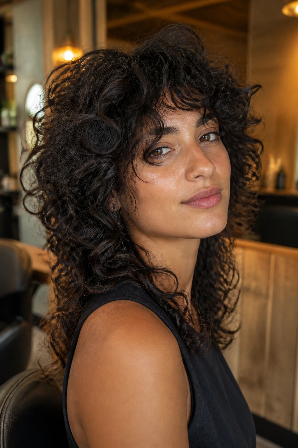 Close-up of a real person showing a thick-wavy wolf cut with debulked layers.