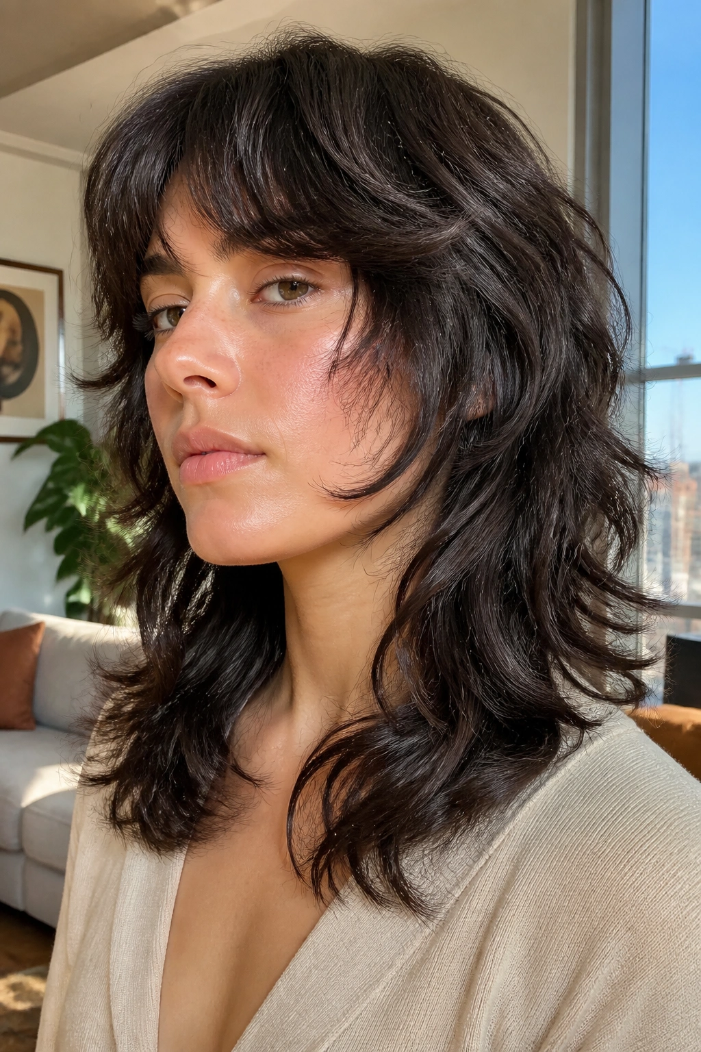 Portrait of a person with thick wolf cut showing internal debulking and lifted crown.