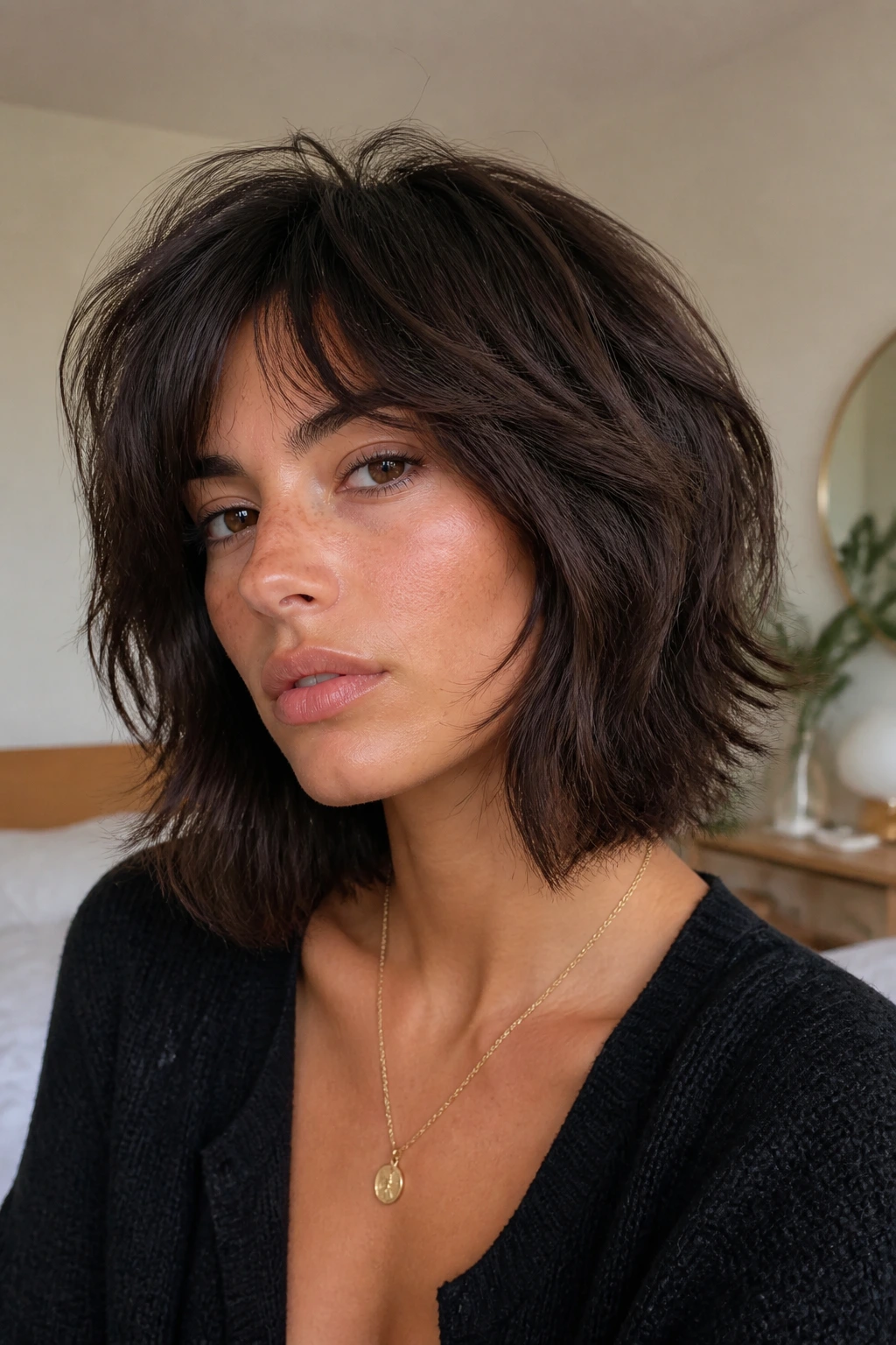 Close-up portrait of a real person with a thick-hair wolf cut featuring internal layers and crisp outer perimeter under natural window light.