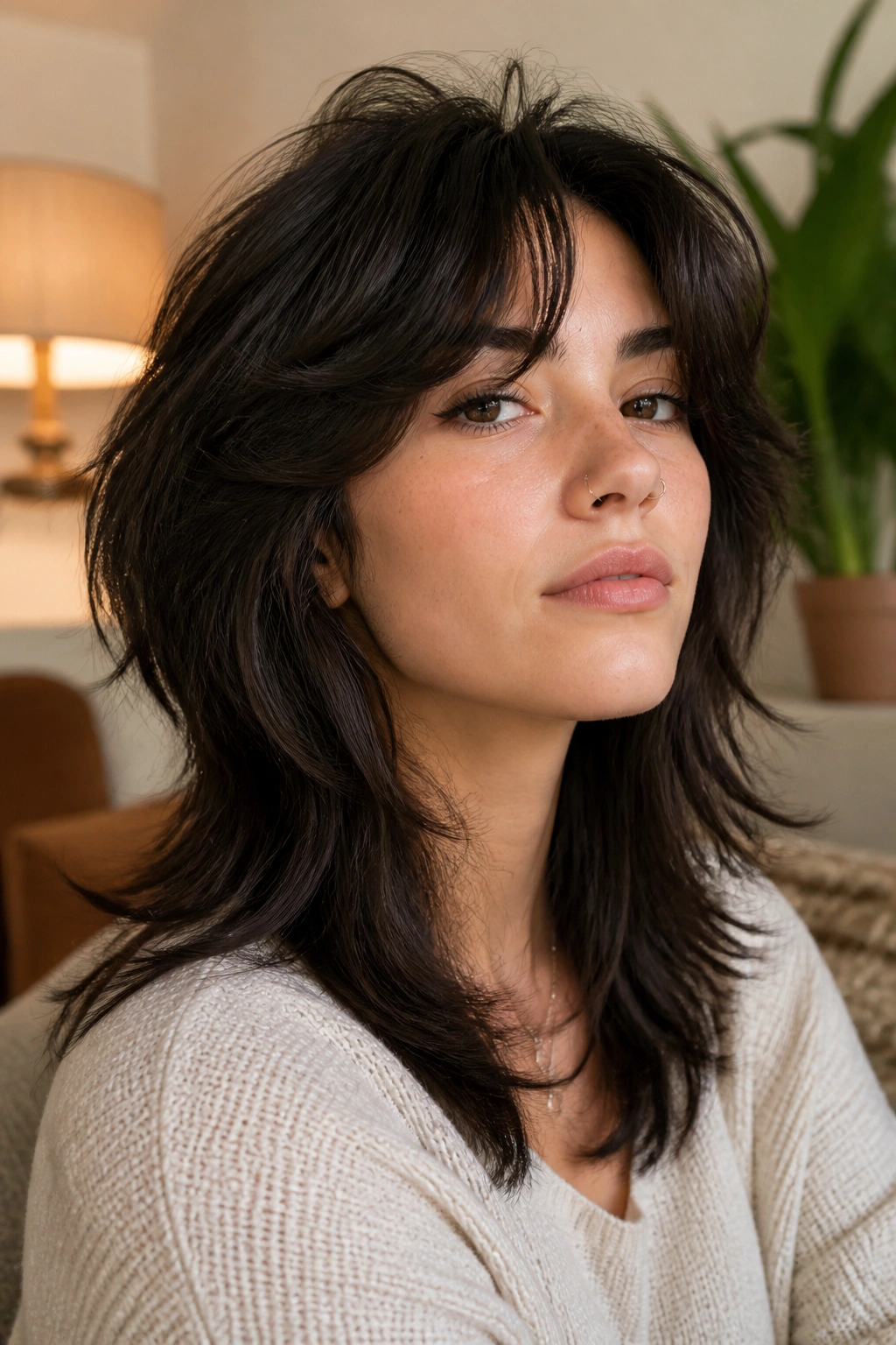 Close-up real person with thick hair wolf cut internal layers