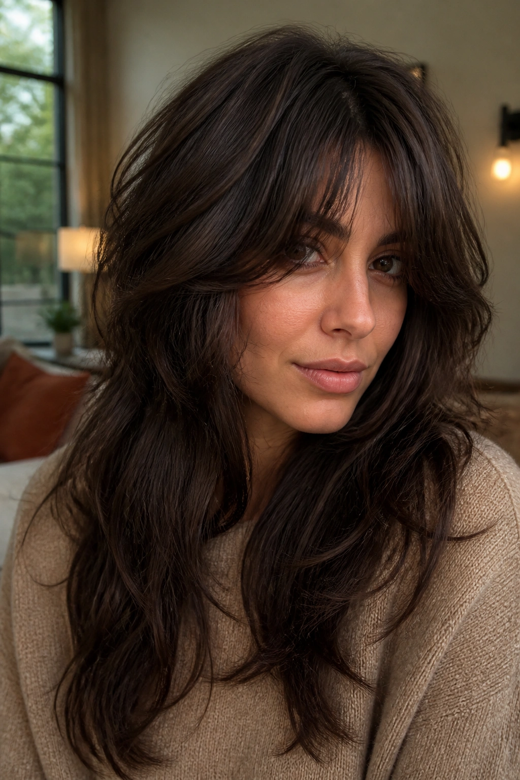 Portrait of a real woman with thick hair and piecey curtain bangs in a cozy living room