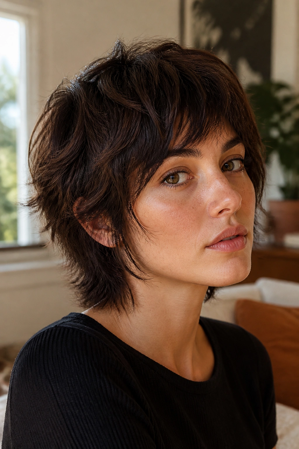 Close-up portrait of real person with short wolf cut for thick hair under natural window light