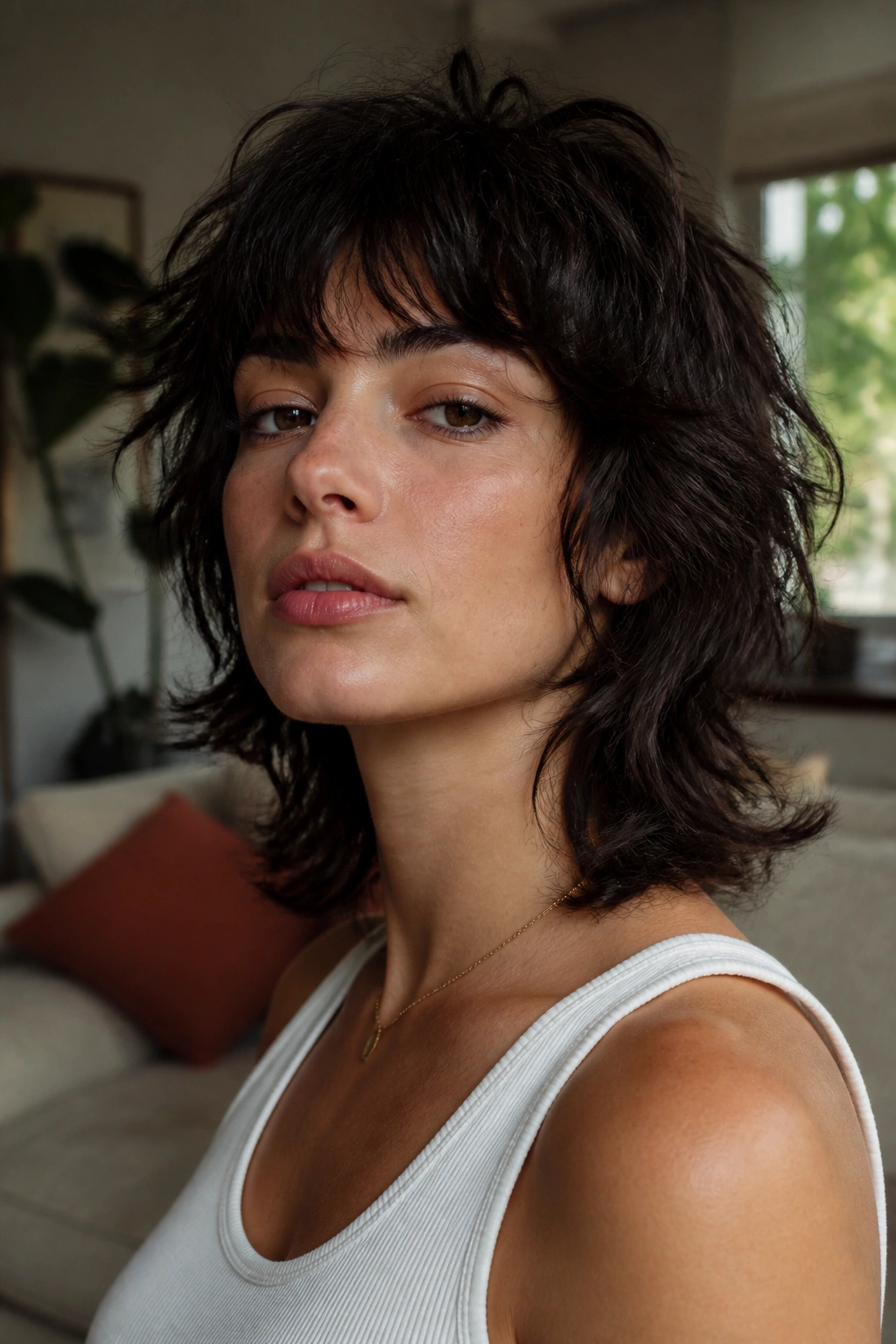 Close-up portrait of a real woman with thick-hair wolf cut and tapered nape