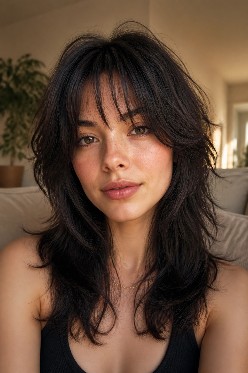 Real person with thick wolf cut and thinned-out bangs in warm living room
