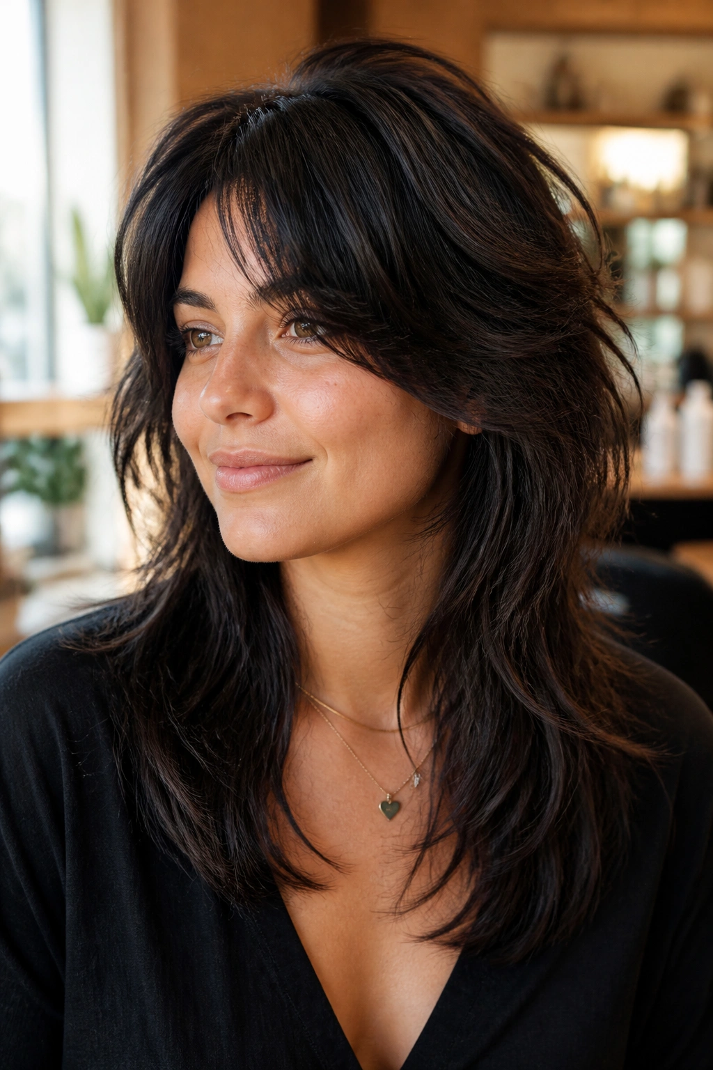 Real woman portrait featuring a thick-hair wolf cut with weight removal at mid-lengths in a warm salon setting