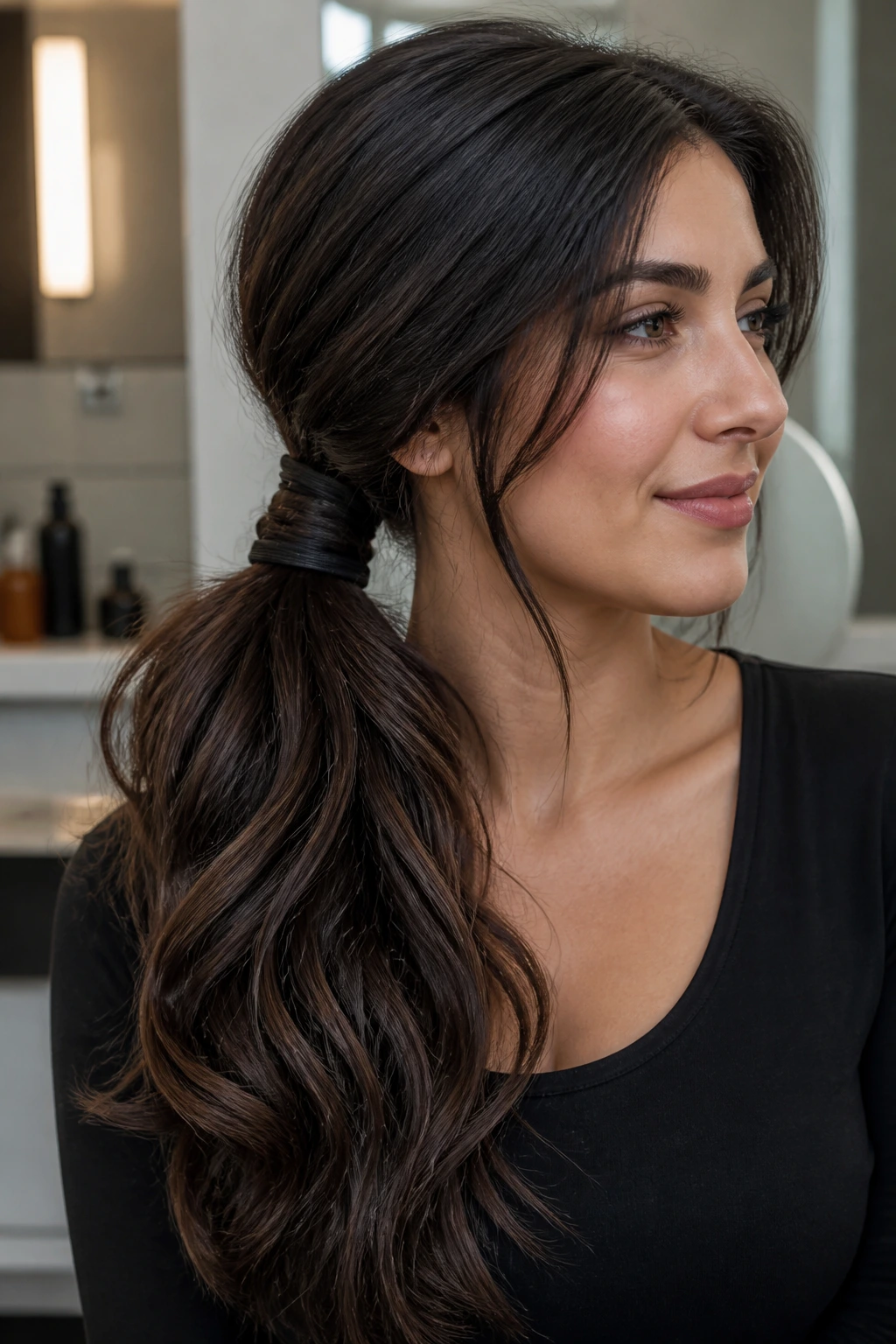 Close-up of a thick long hair side ponytail with two elastics