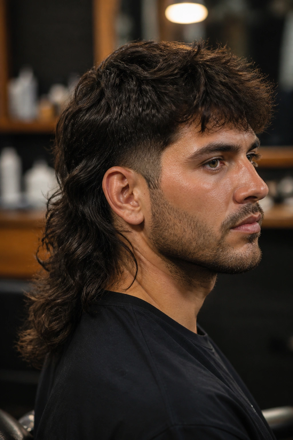 Man with thick long mullet debulked crown in barber shop setting