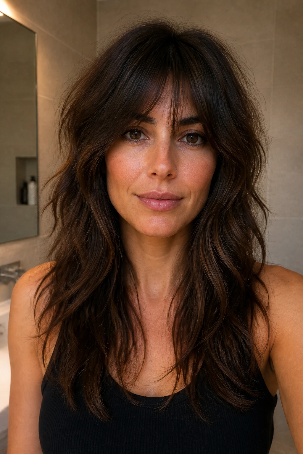 Close-up of a real woman with thick shag and bulk removed under warm bathroom lighting