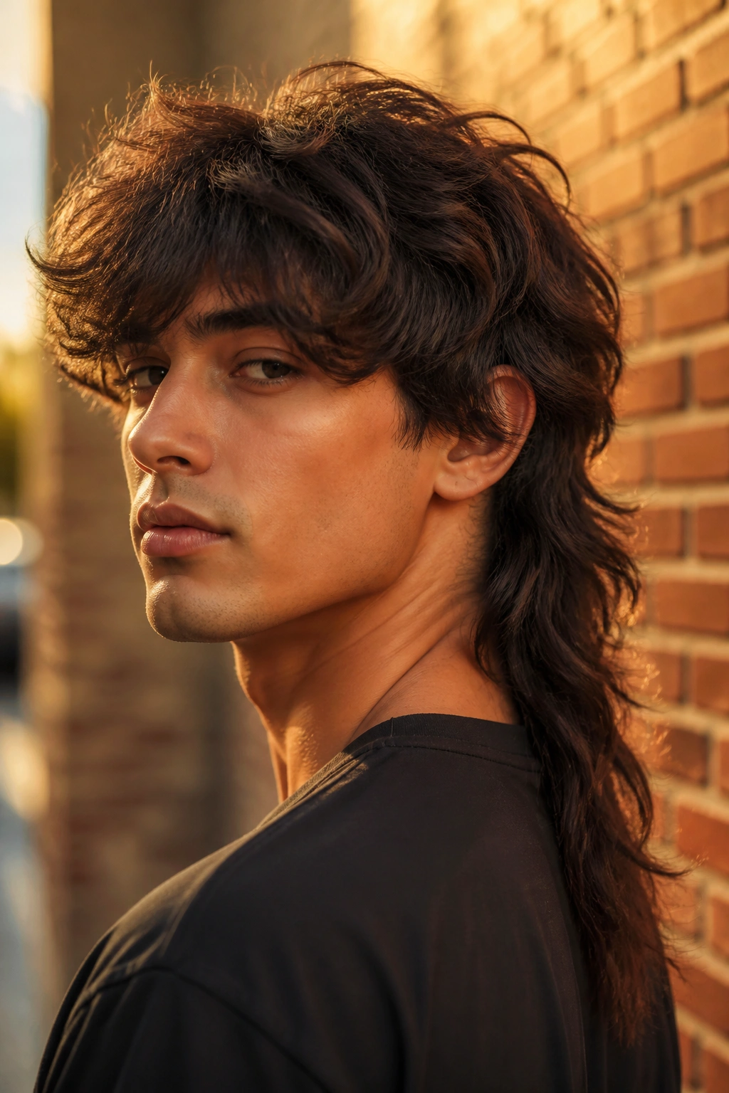 Close-up portrait of a real person with thick shag mullet featuring a long tapered tail.