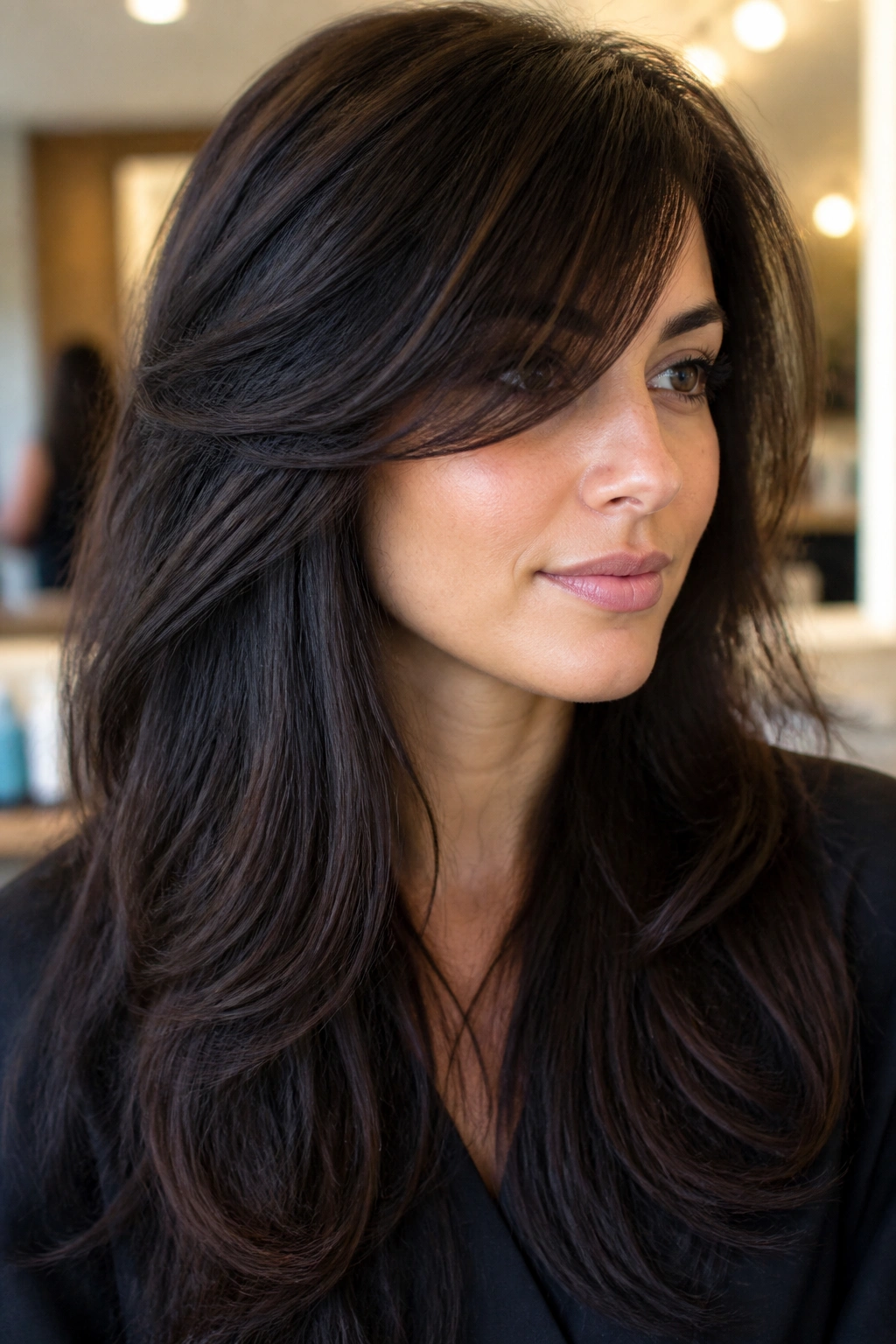 Portrait of a woman with thick side-swept bangs