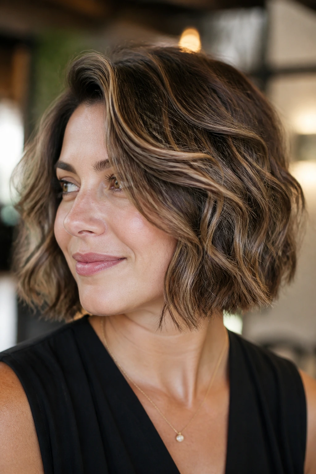 Real woman with thick wavy layered bob showing long internal layers and lighter perimeter