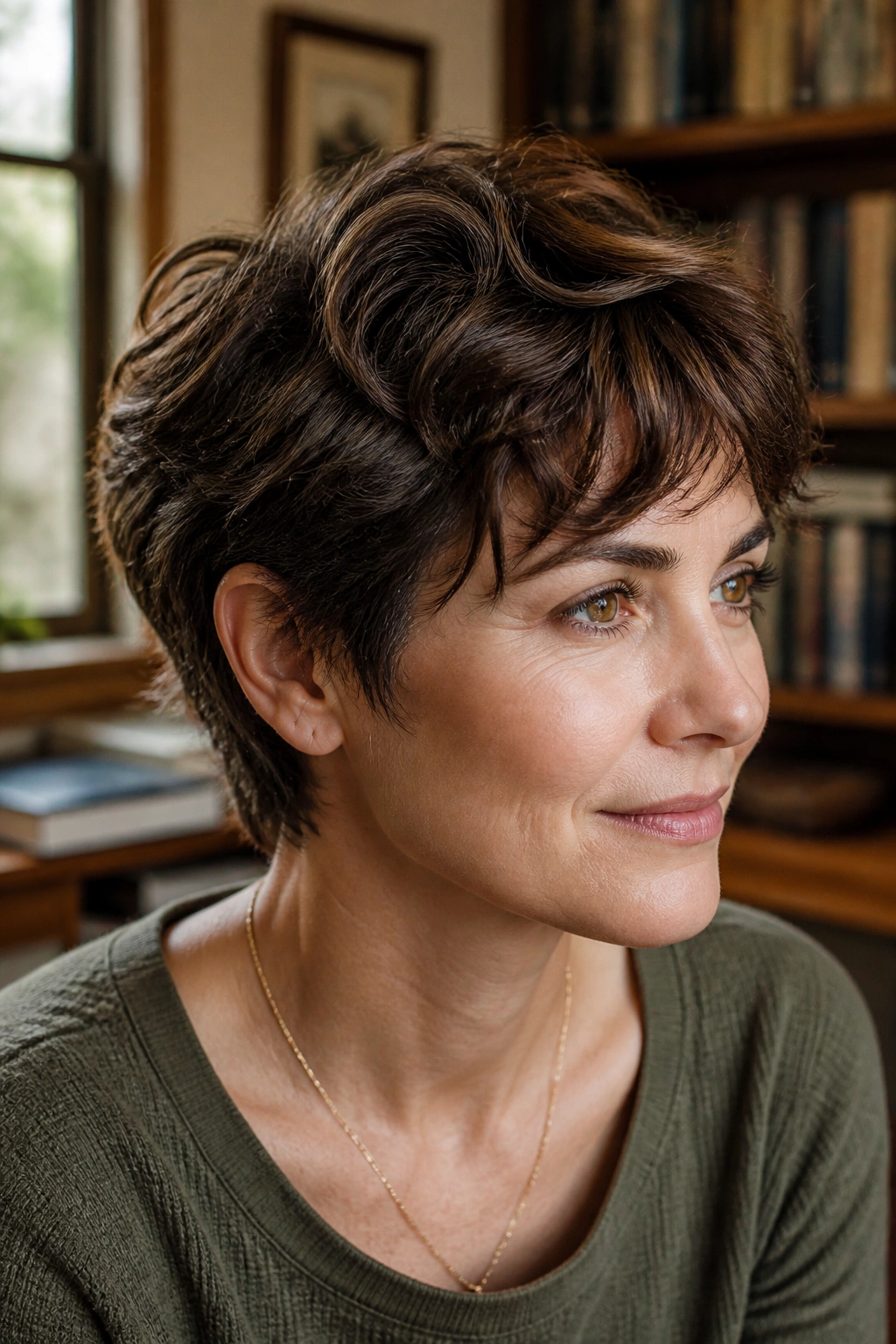 Real woman with thick wavy pixie with internal layers in warm light