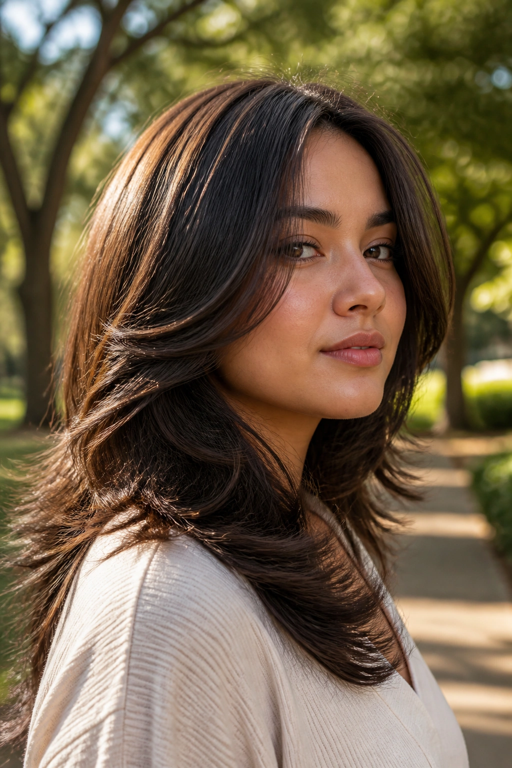 Portrait of a person with thick hair in swoopy layers.