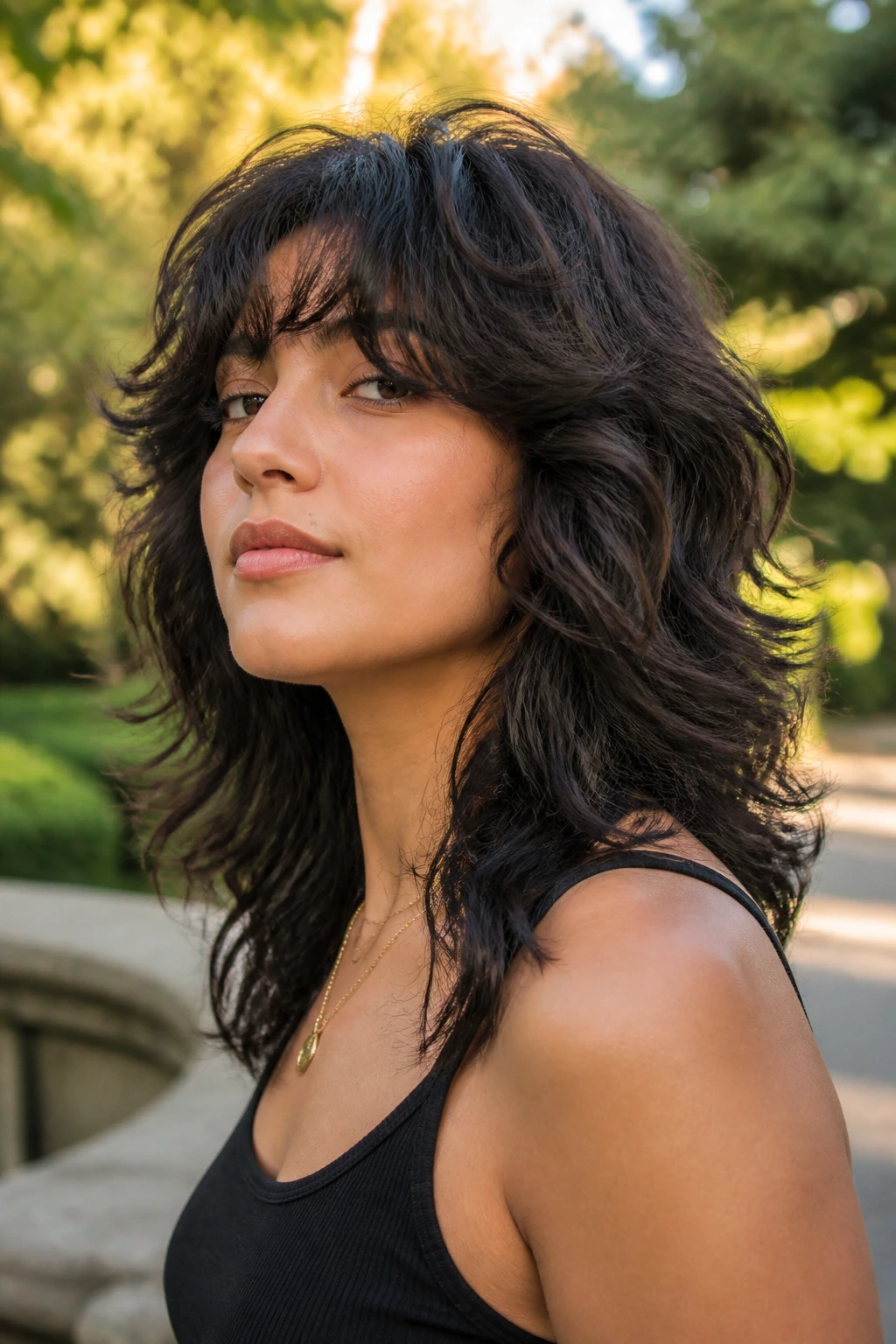Real person with thick wavy hair thinned-out for movement in golden-hour outdoor light