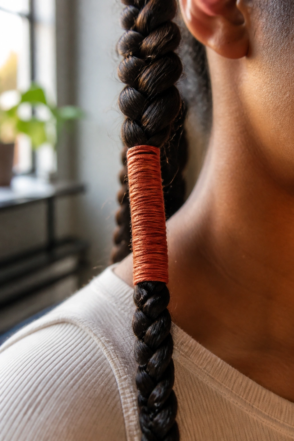 Close-up of a long braid with a bright rust thread wrap accent