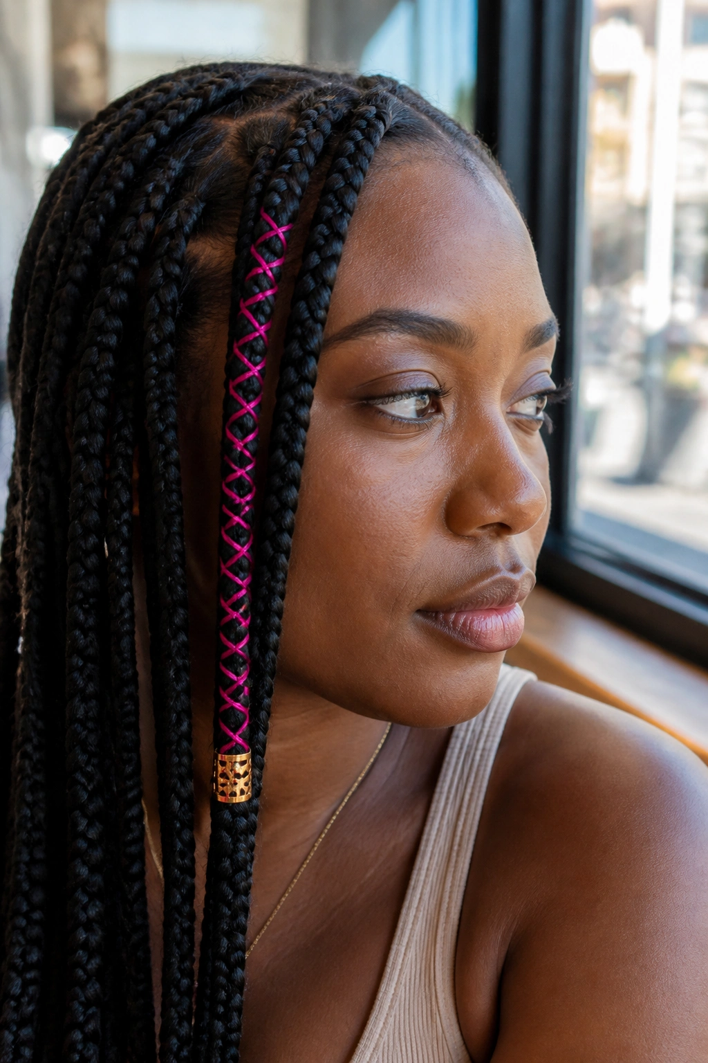 Close-up of thread-wrapped braid with cuff on a real person