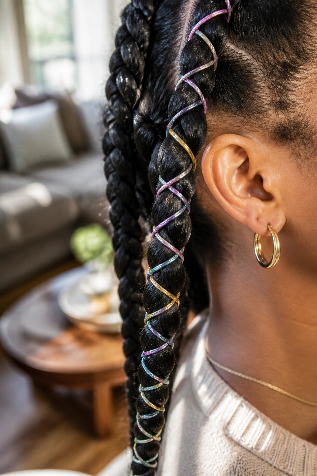 Colorful thread wraps around a braid on a real person