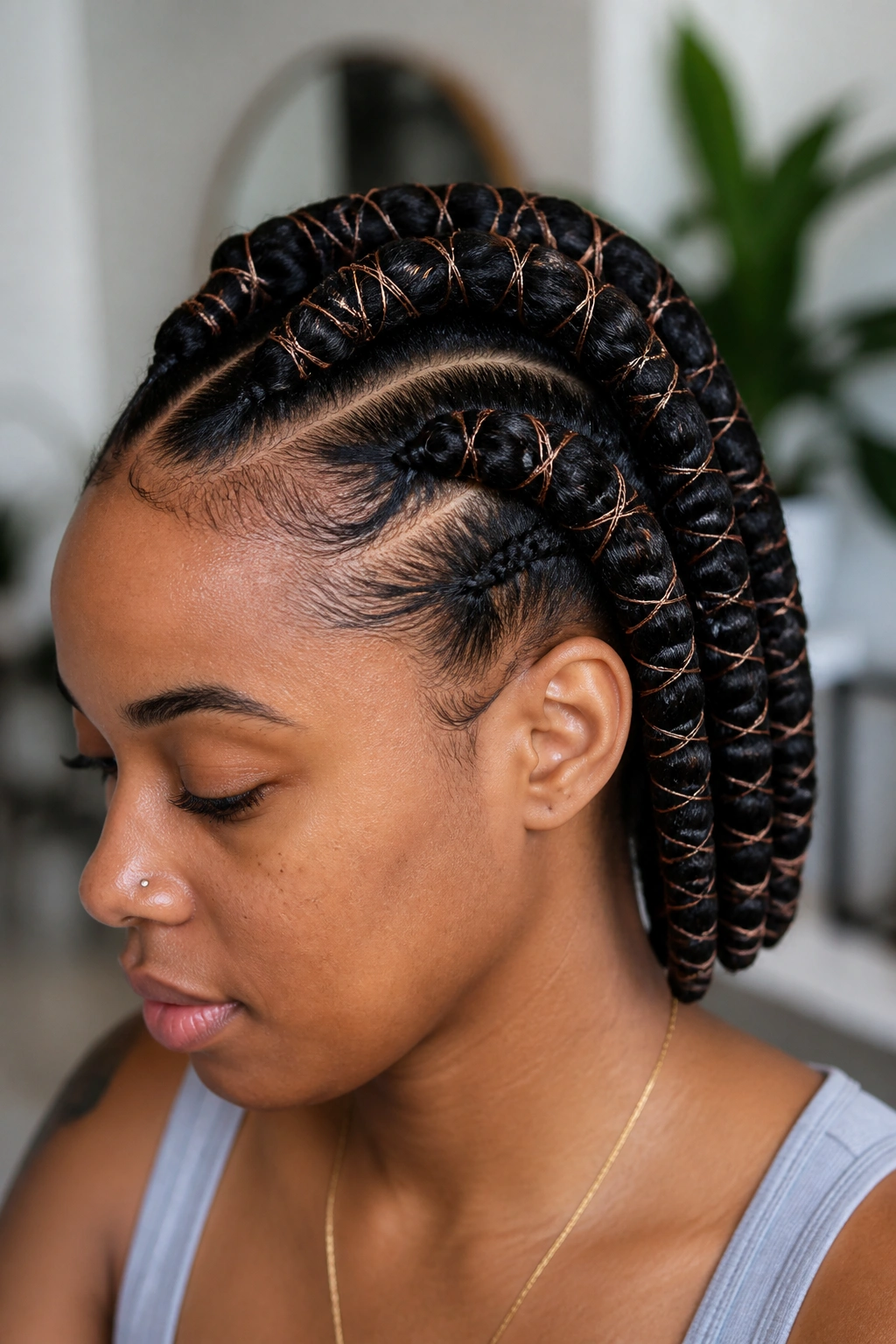 Close-up of a real woman with threaded wraps securing hair into a sculptural shape.