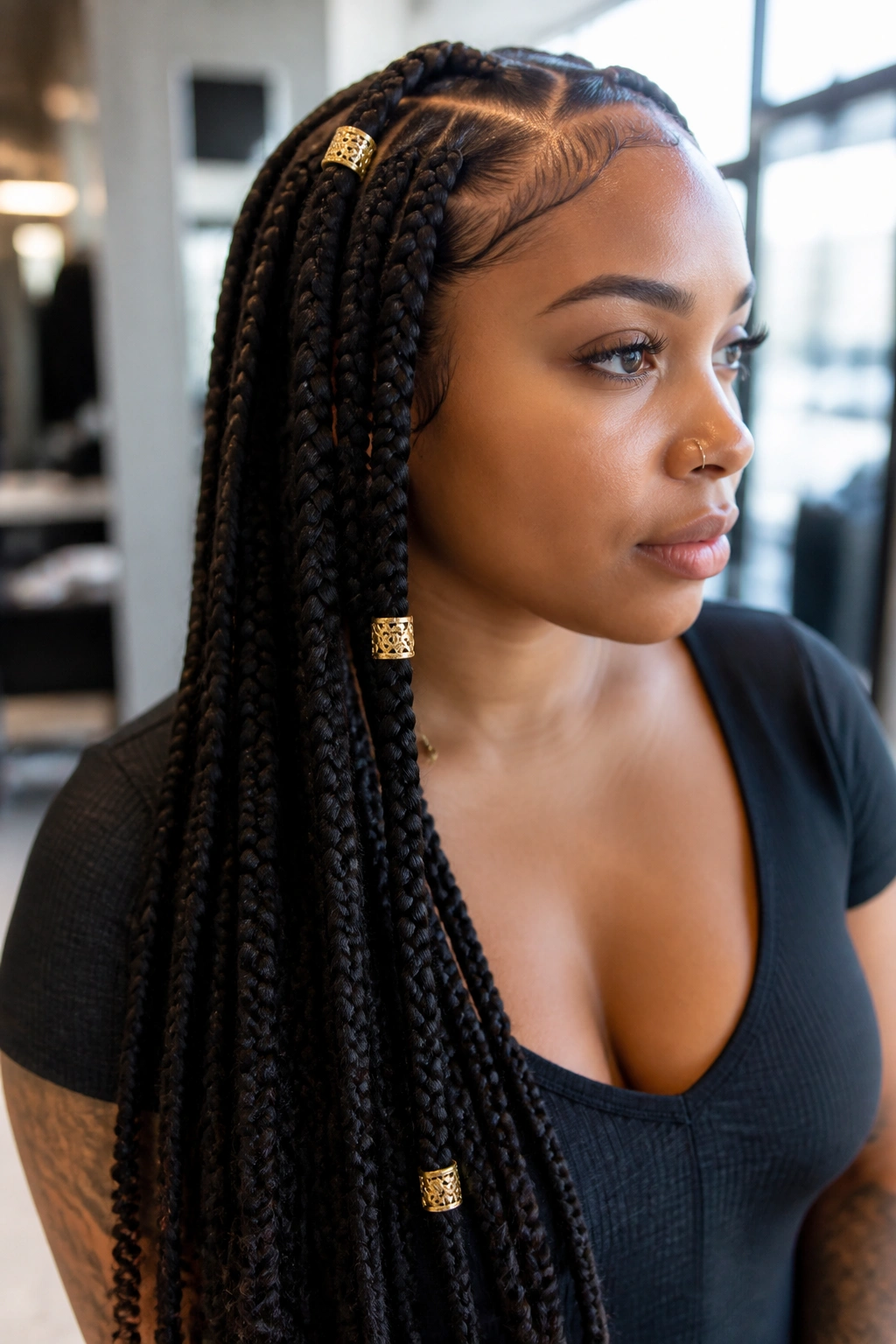 Real person with three cuffs on a braid at root, mid-length, and end