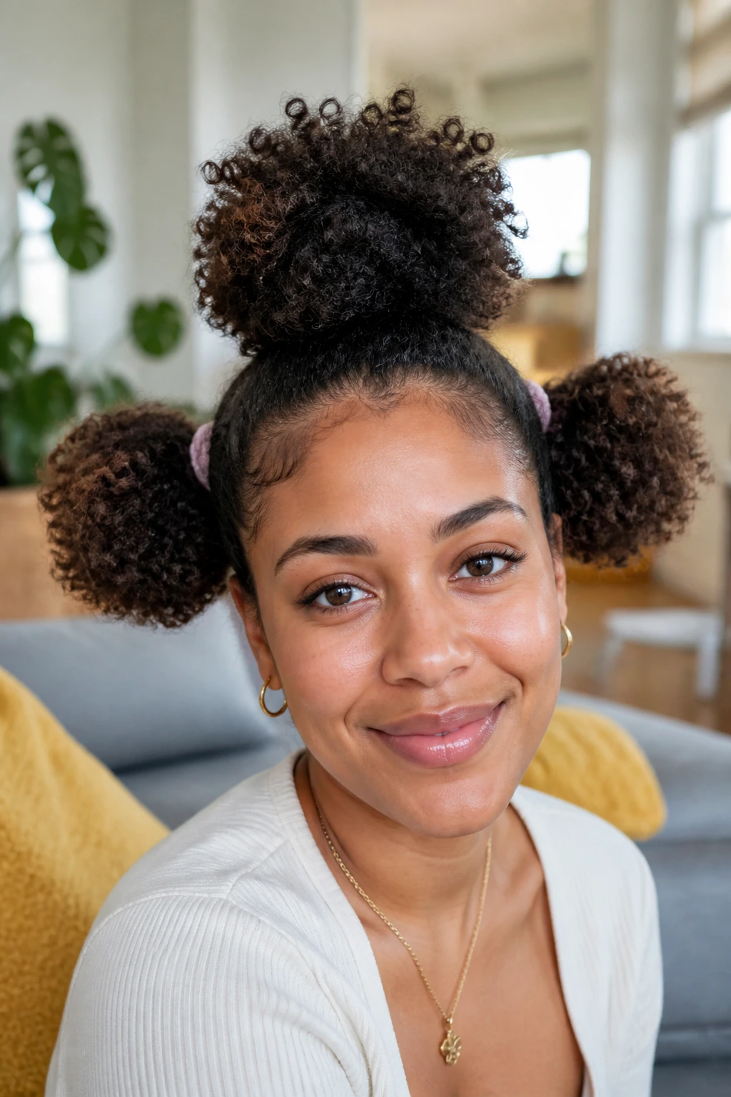 Close-up of real woman with three puff hairstyle on crown and sides