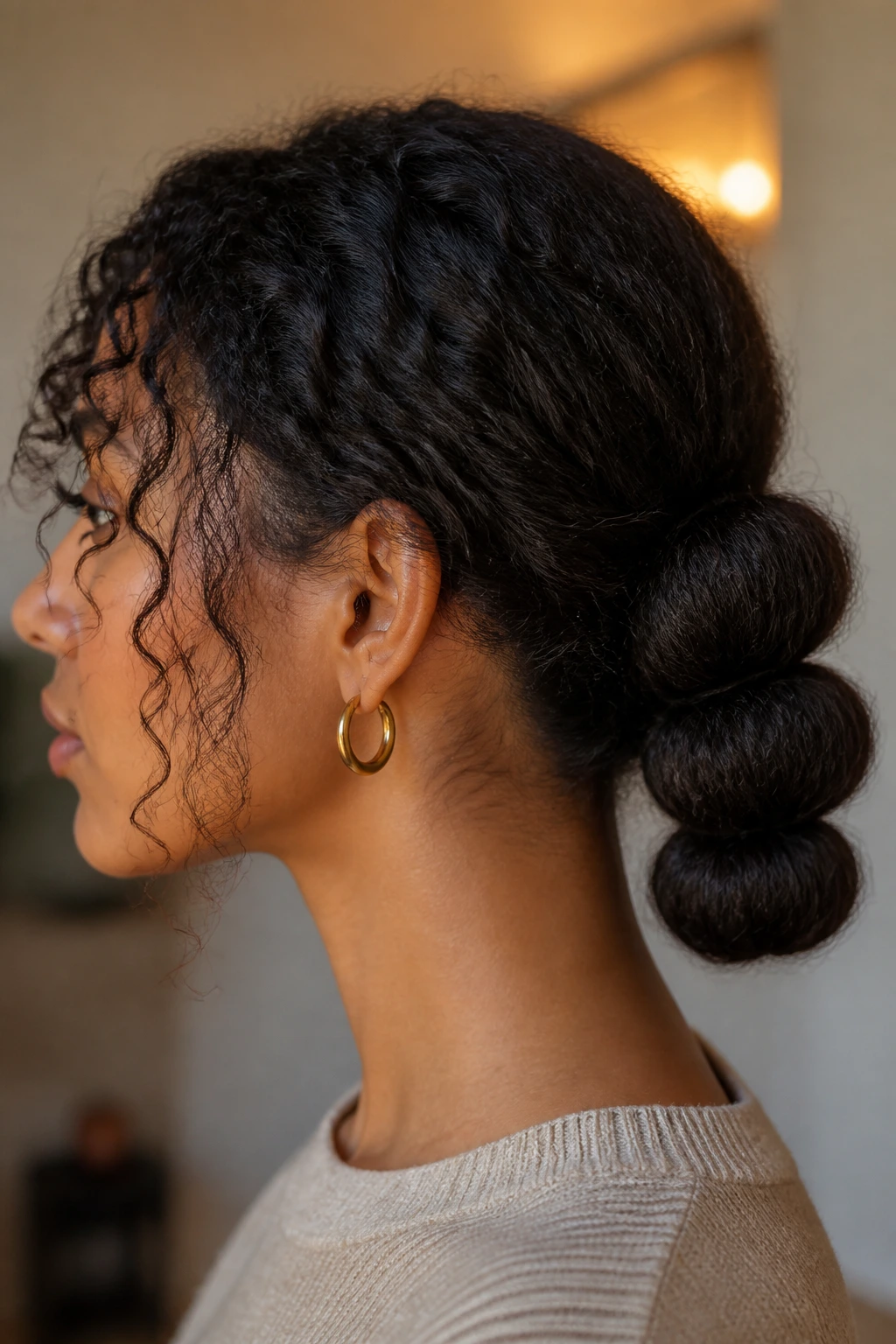 Side portrait of a woman with a three-segment low bun.