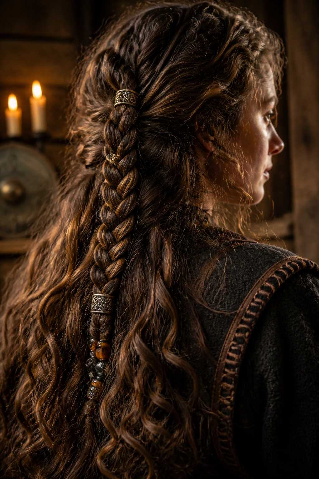 Close-up of a real person with a three-strand braid with beads and cuffs on long curly hair