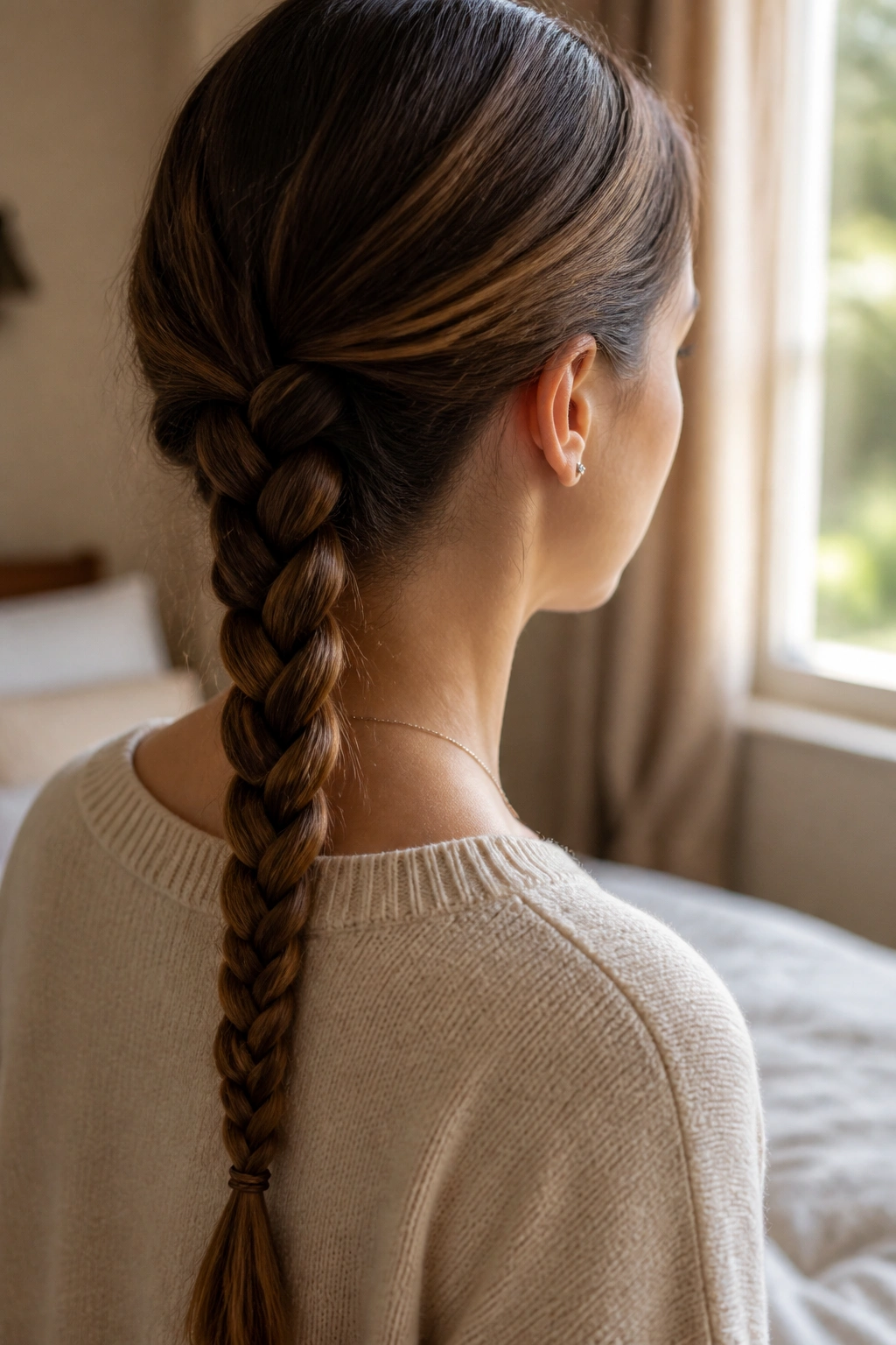 Close-up of a real woman with a classic three-strand braid in warm window light