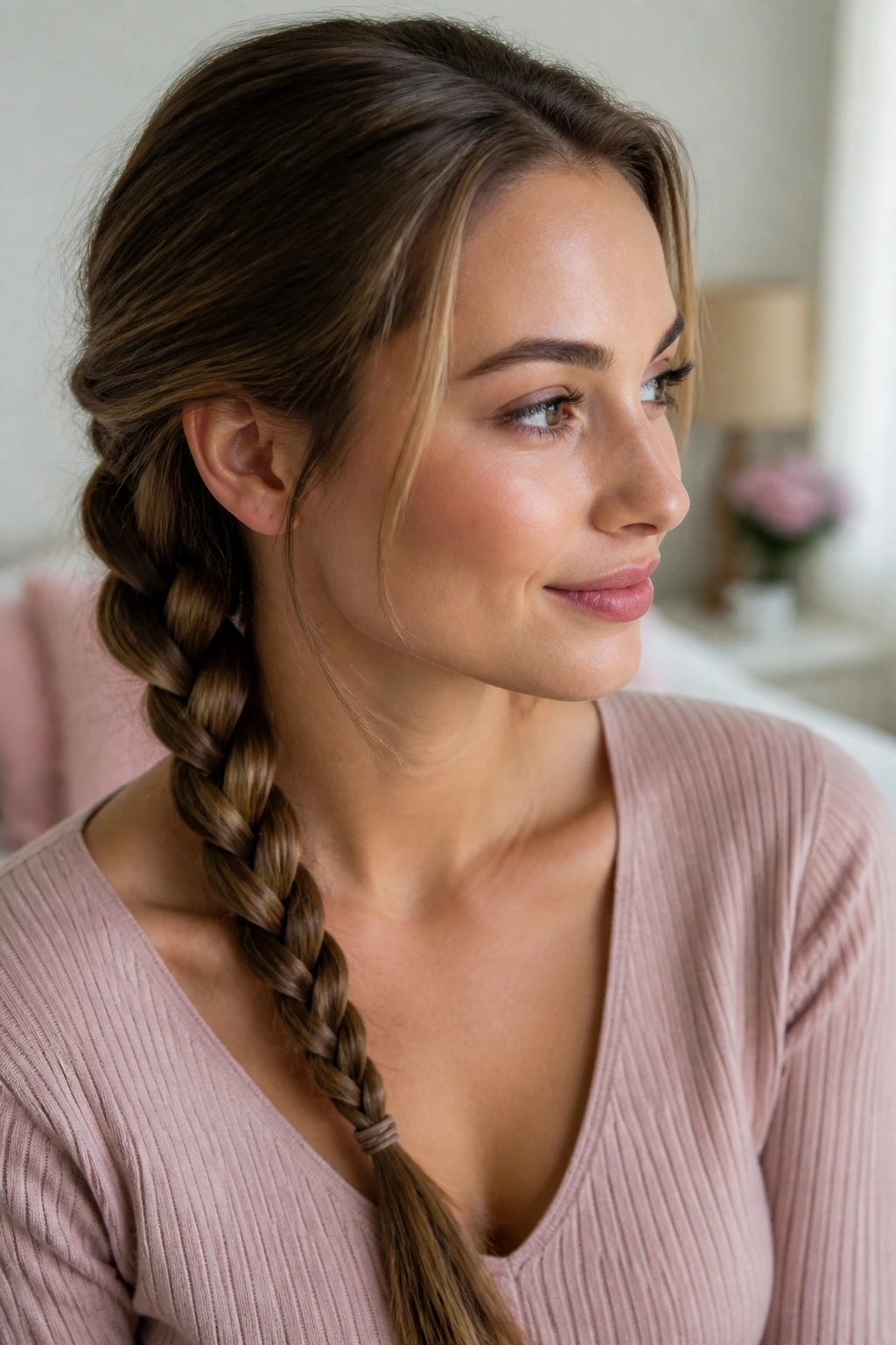 Close-up of a woman with a classic three-strand braid