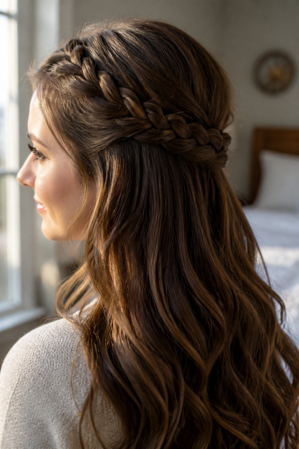 Close-up of a real woman with a classic three-strand half-up braid, warm window light