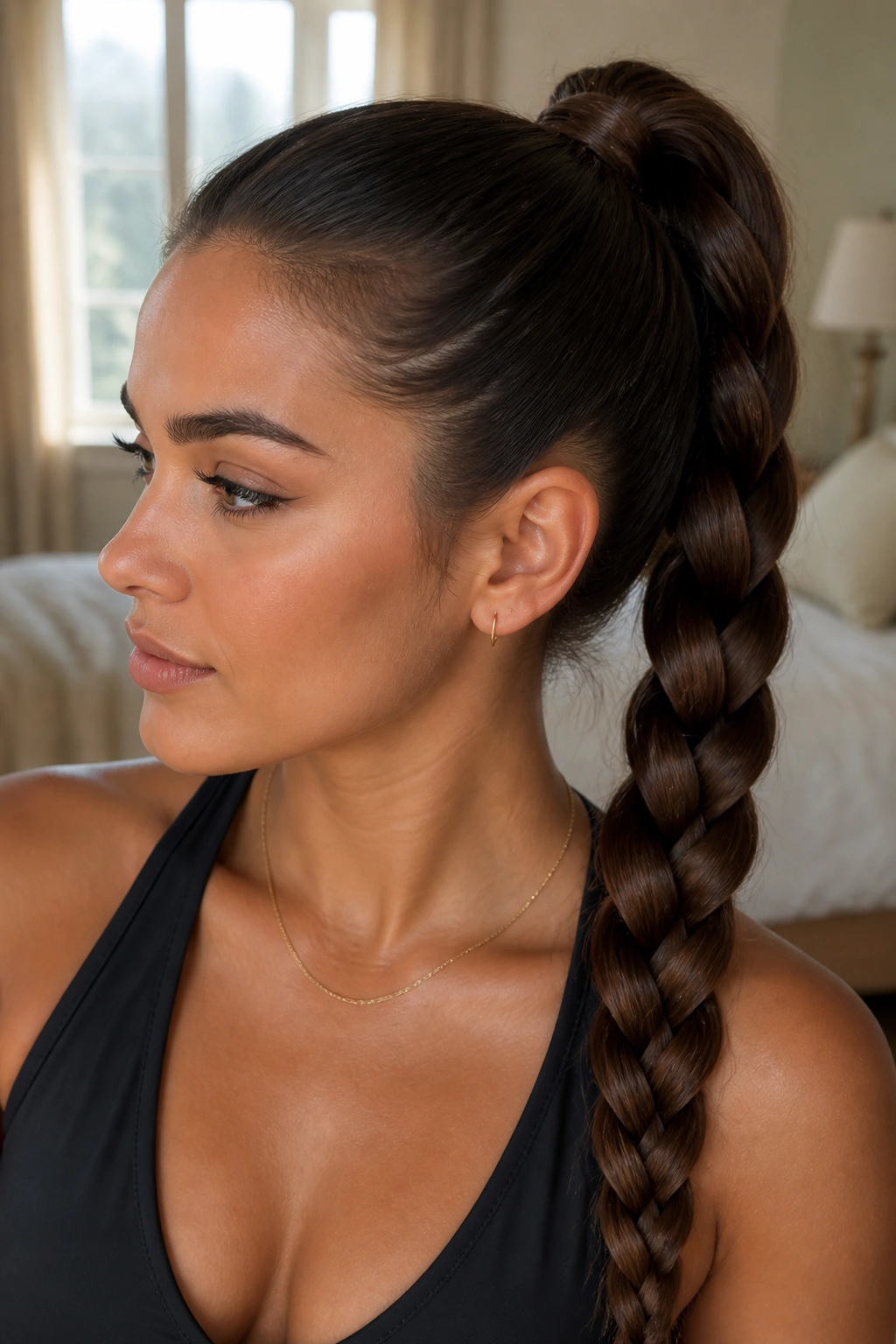 Close-up of a woman with a classic three-strand braided ponytail in warm window light