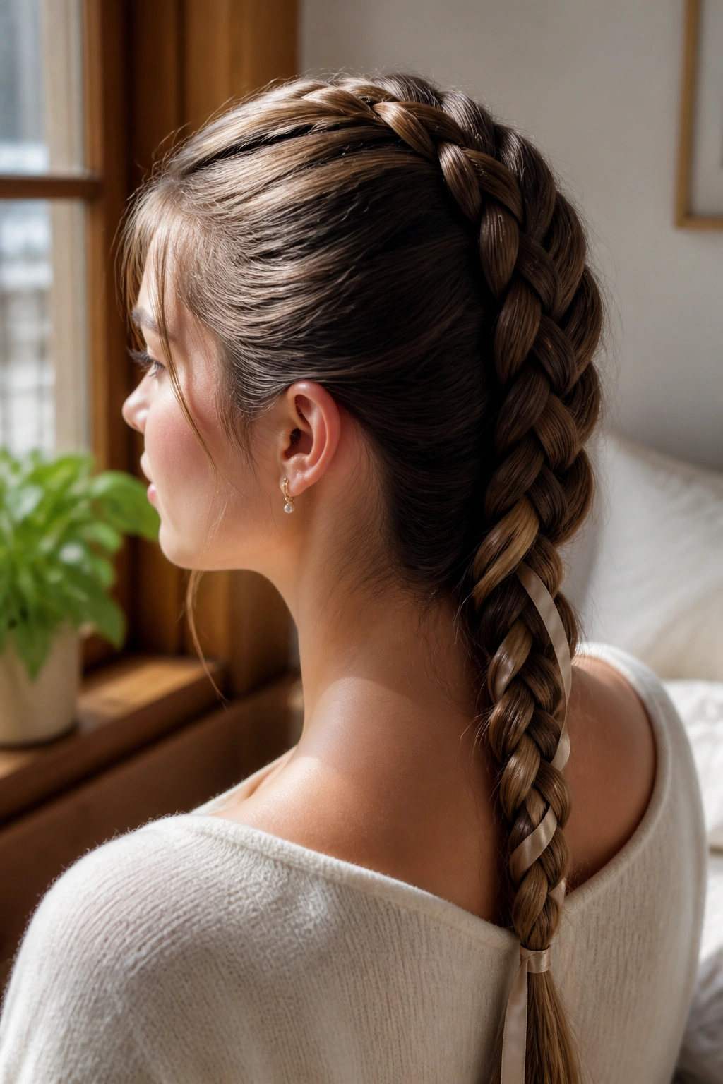 Close-up portrait of a real woman with a high three-strand braid and ribbon at the nape, natural window light