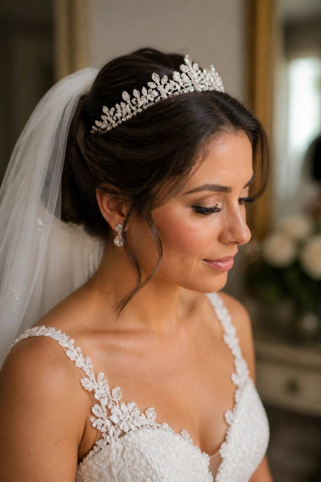 Bride with tiara and veil for ceremony to reception